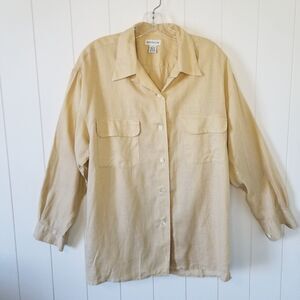 Ann Taylor 100% Linen Shirt Womens Size Medium Tan Long Sleeve